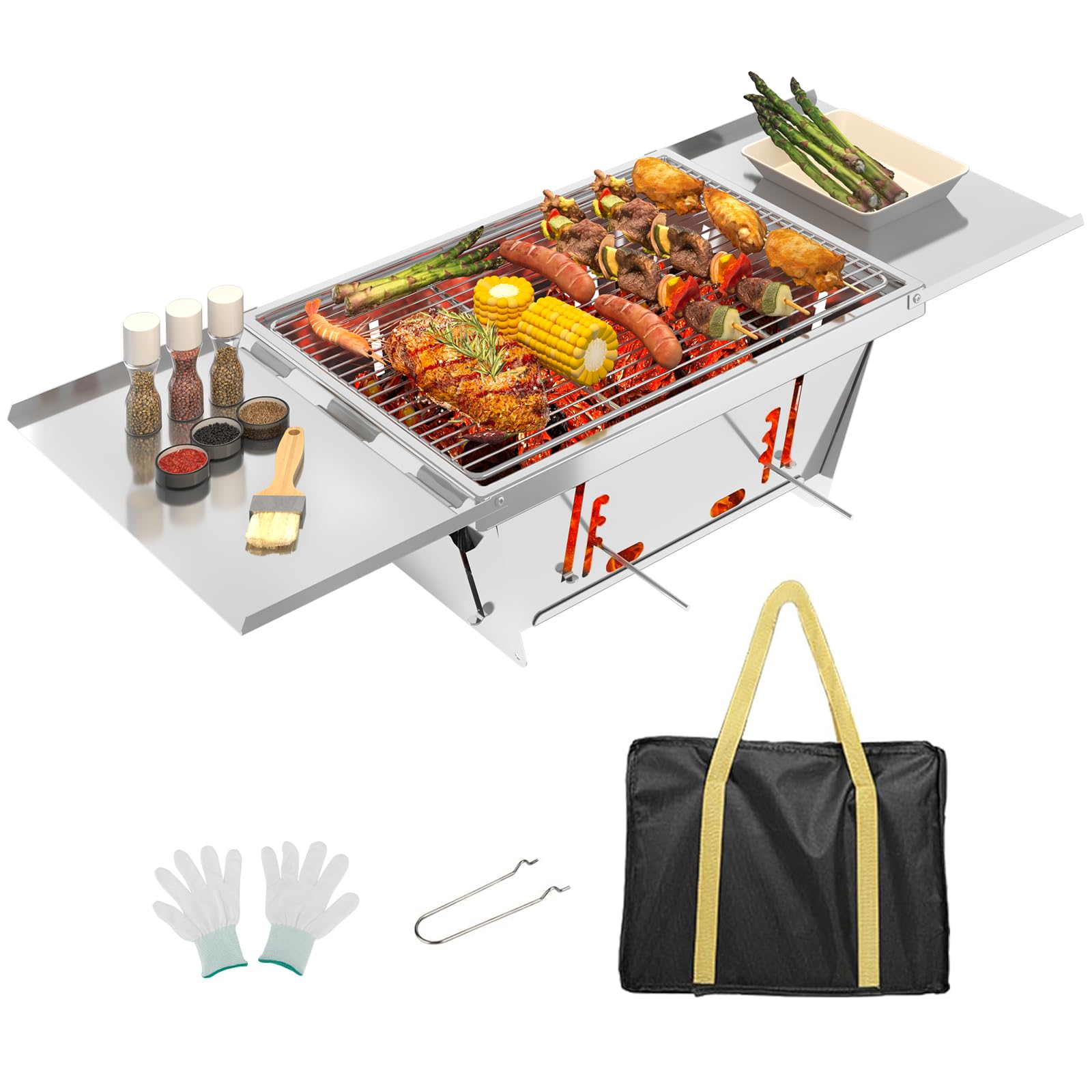 Dripex Charcoal Grill Foldable Adjustable Camping Grill Portable Stainless Steel Small Folding Grill with Bag for BBQ Camping Outdoor Barbecue Party Travel (Silver: 65 x 25 x 14 cm)