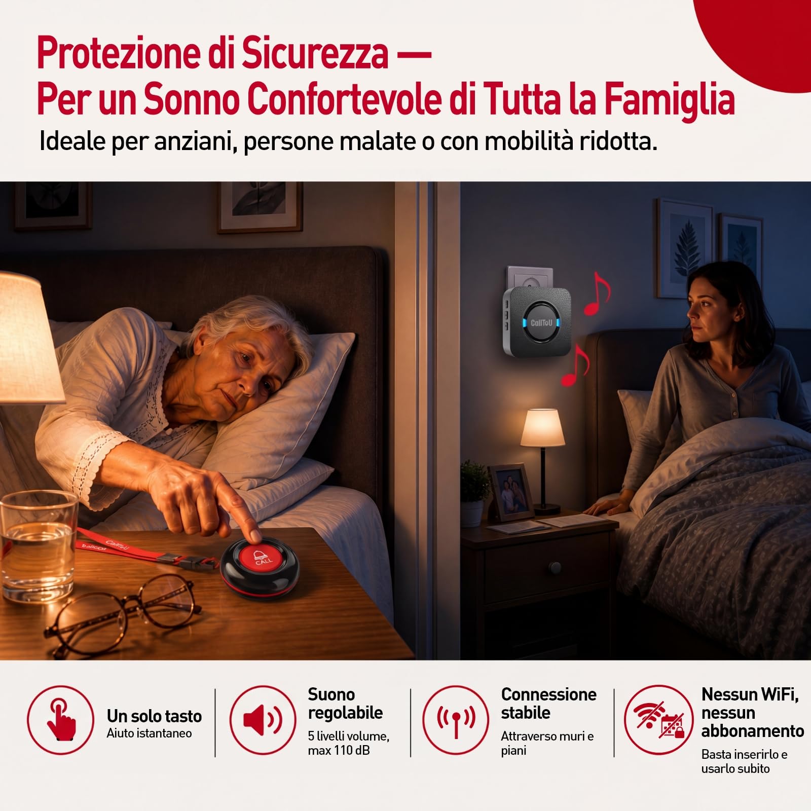 CallToU Salvavita Anziani di Emergenza Pulsante di Chiamata, Wireless SOS Anziani Pulsante Cercapersone, Oltre 500 piedi per casa/anziani/pazienti/disabili