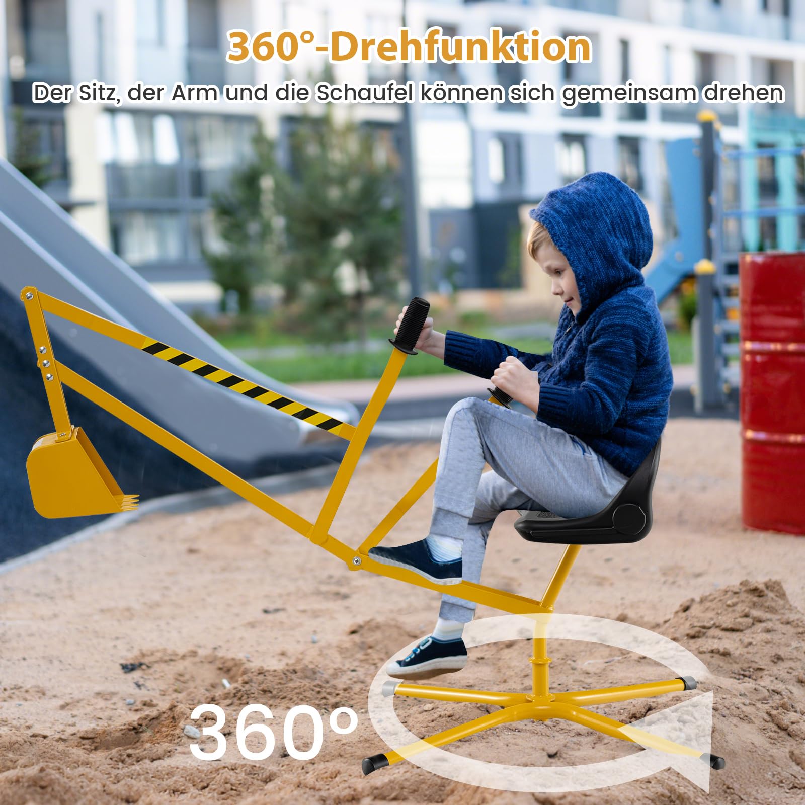 COSTWAY Koparka do siedzenia obracana o 360°, metalowa koparka do siedzenia na górze, z szuflą i sterowaniem 2-ręcznym, koparka dla dzieci od 3 lat (żółta)