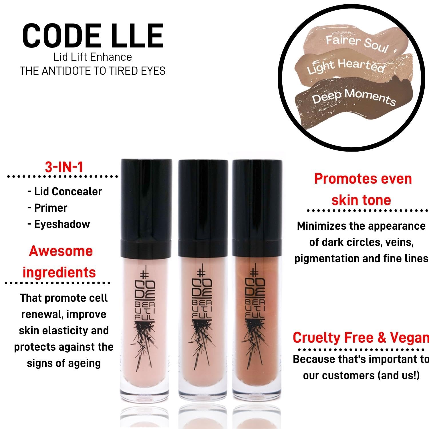 CODE Beautiful Eye Primer and Under Eye Concealer | Eye concealers | Eyeshadow Primer | Eye Lift - The Antidote To Tired Eyes | Vegan & Cruelty Free | LLE Lid Lift Enhance (Deep Moments)