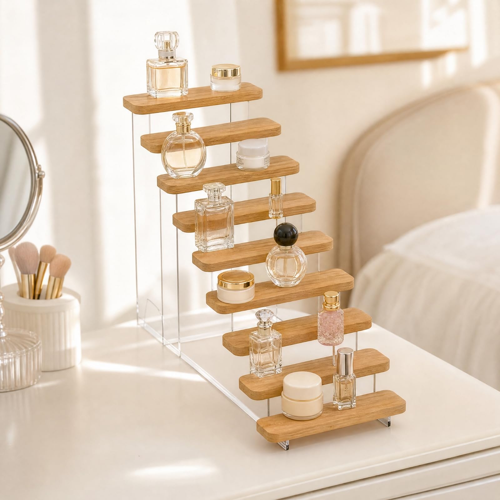 Rack Espositivo con Ripiani in Legno Montanti in Acrilico Moderno Espositore a Gradini da Tavolo Elegante per Ufficio, Casa , 7 Livelli
