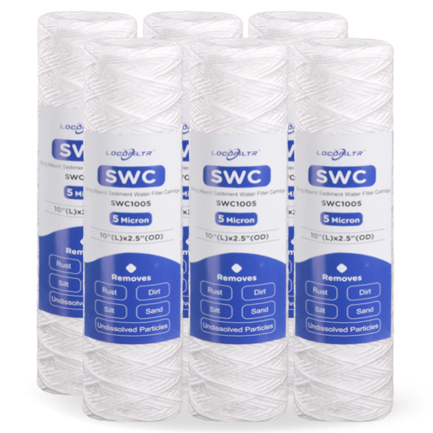 Whole House 5 Micron 10" x 2.5" String Wound Sediment Well Water Filter Cartridge Replacement for W5W, WHKF-WHSW, RS5-DS, RS2-DS, CW-5, SWC-25-1005, HF-150A, WP5, WP-5, SP-CW5 (Pack of 6)