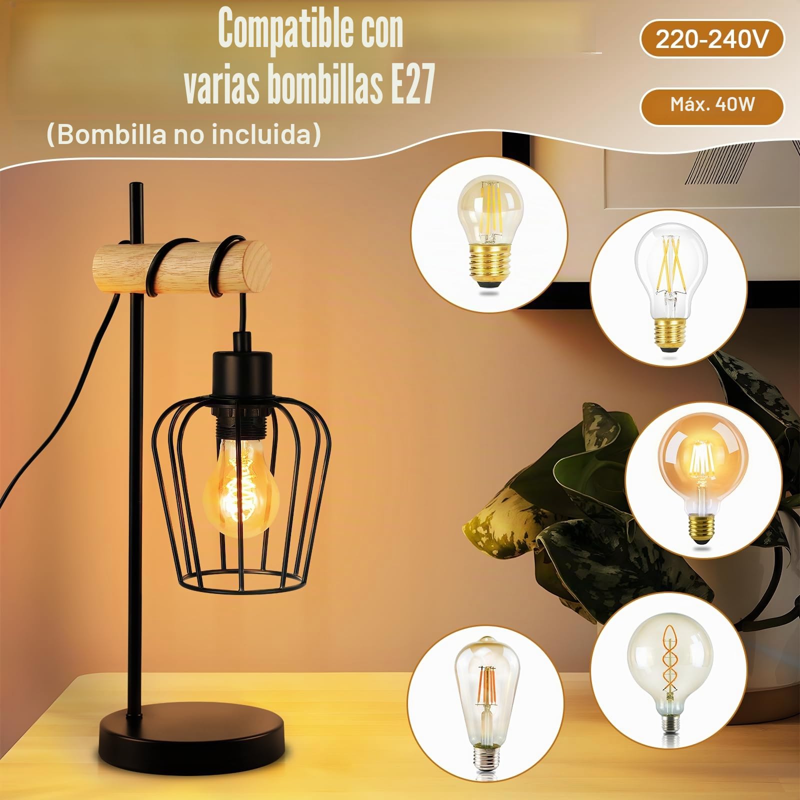 ZMH 2er Lámpara de mesa vintage de madera para salón: Lámpara de noche negra industrial de metal, casquillo E27, estilo retro para dormitorio, hotel - Sin bombilla