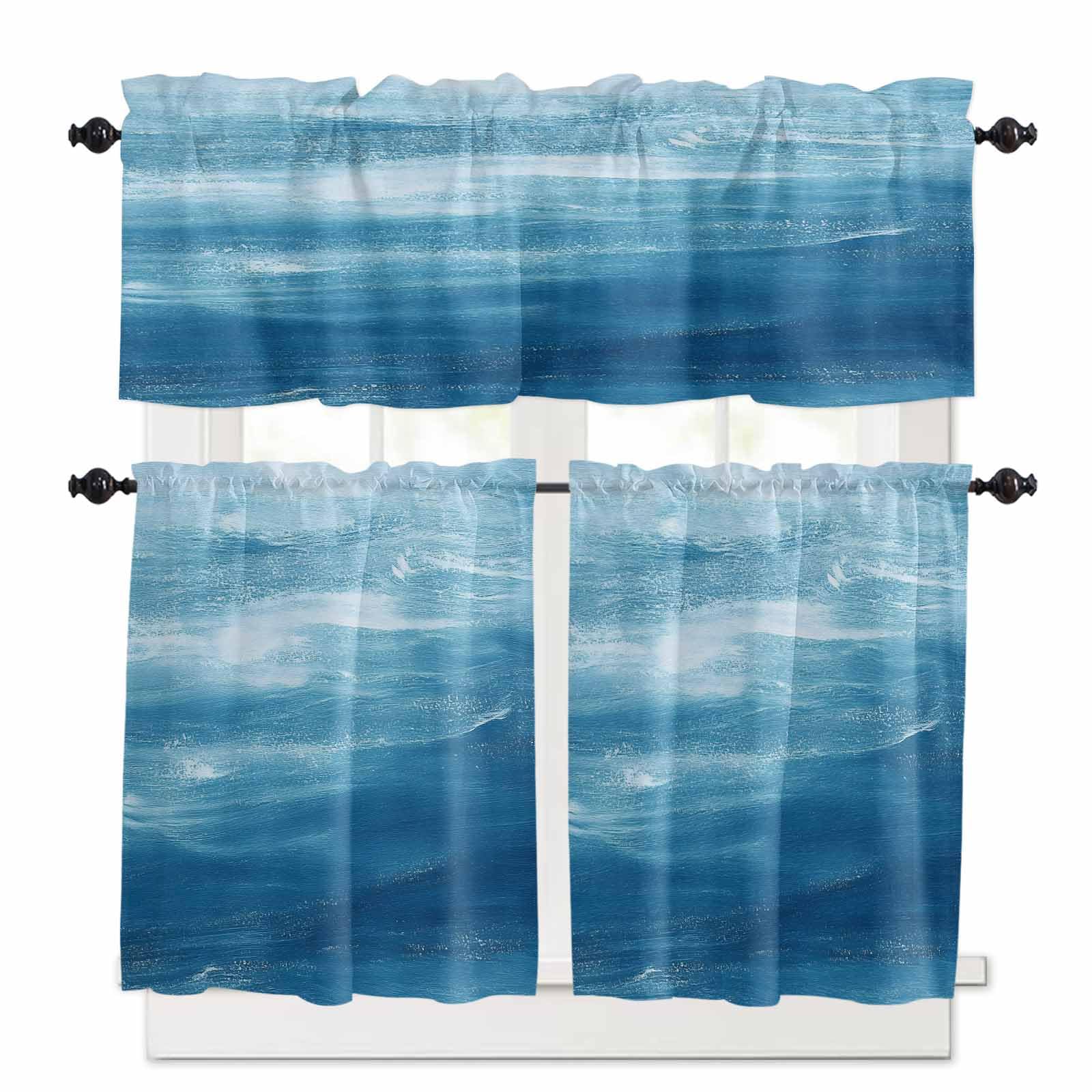 Blue Coastal Wave Kitchen Curtains 36 Inch Length, 3 Piece Rod Pocket Small Half Tiers and Valance Set, Modern Abstract Summer Ocean Small Large Window Treatment Decor for Bedroom/Bathroom Sink