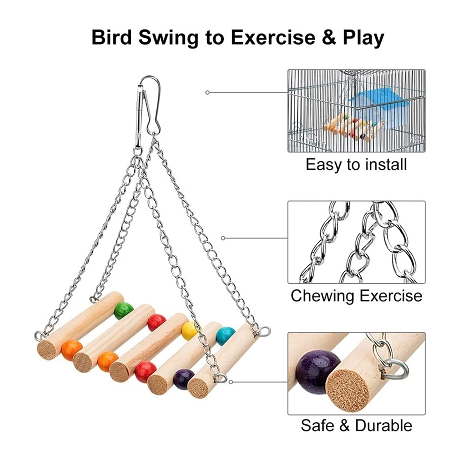 Vogelspielzeug Praktische 8 Packungen Vogel Papagei Swing Hängen Spielzeug, Natürliche Holz Bell Vogel Käfig Spielzeug für Papageien, Sittiche, Nymphensittiche, Budgie