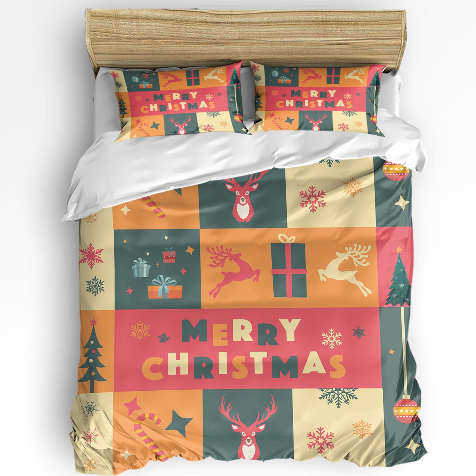 Christmas Elk Bed Duvet Cover Full Size Washed Patterned Textured Duvet Cover Sets with Zipper Tiers Microfiber Soft