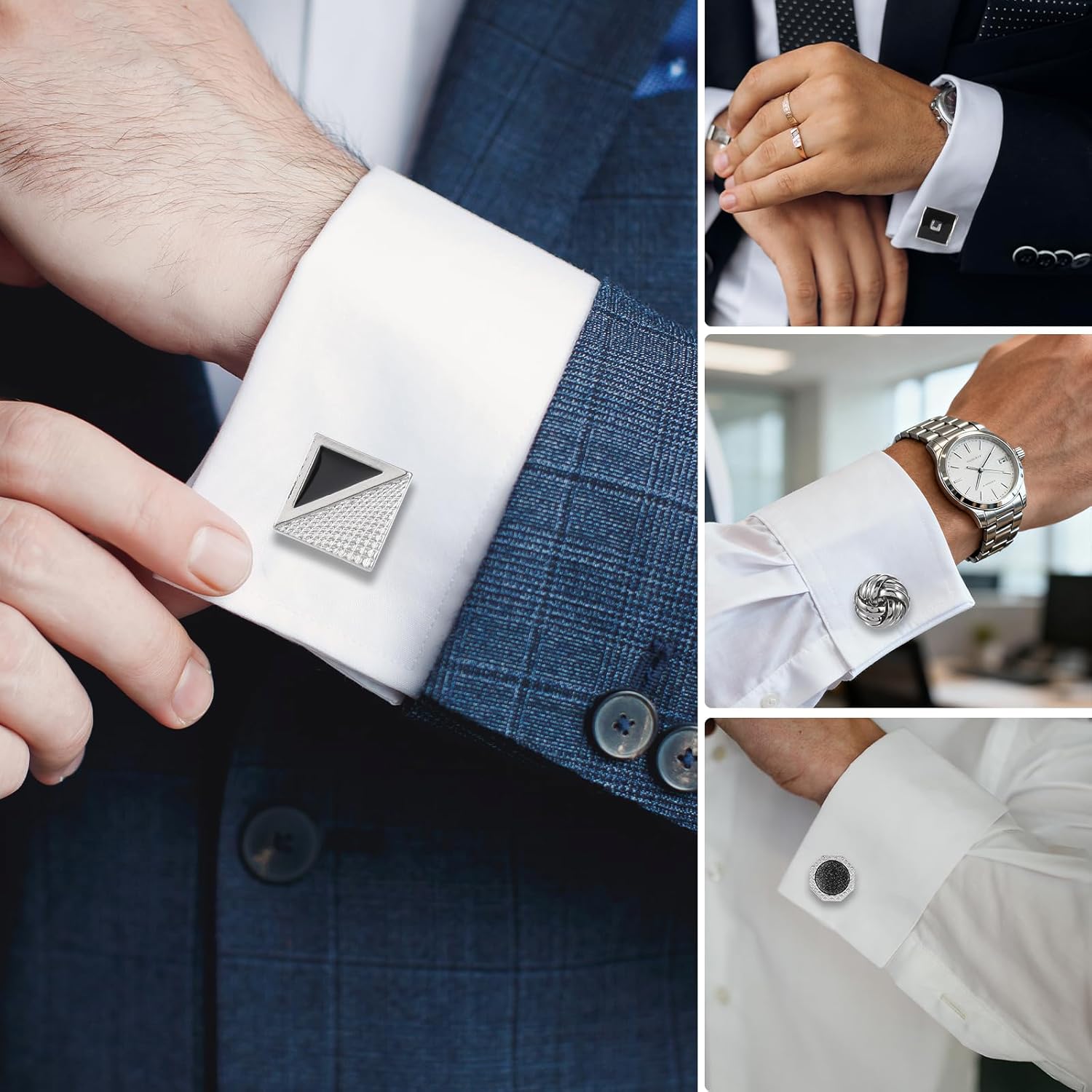 16 Pairs Cufflinks for Men, Fashion Diverse Style Cuff Links Gold/Sliver/Black Disc Square Rectangle Cuff Links, Classic Striped Pattern Men’s Cufflinks for Business Wedding Party Shirt Suit - Image 3