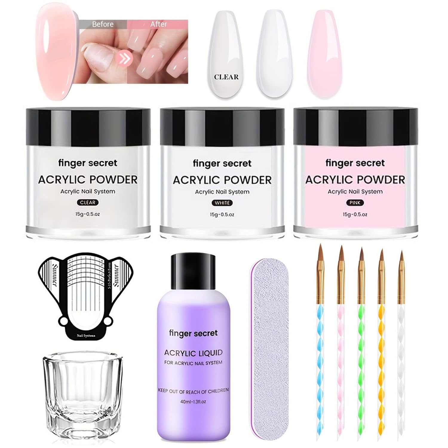 Basic Acrylic Nail Kit,Acrylic Powder and Liquid Set,AcrylicS NailS Liquid,3Colors NailS AcrylicS Powder Kit with Manicure Tools for Beginner Nail Art Manicure DIY (A2) Multicolor-A2