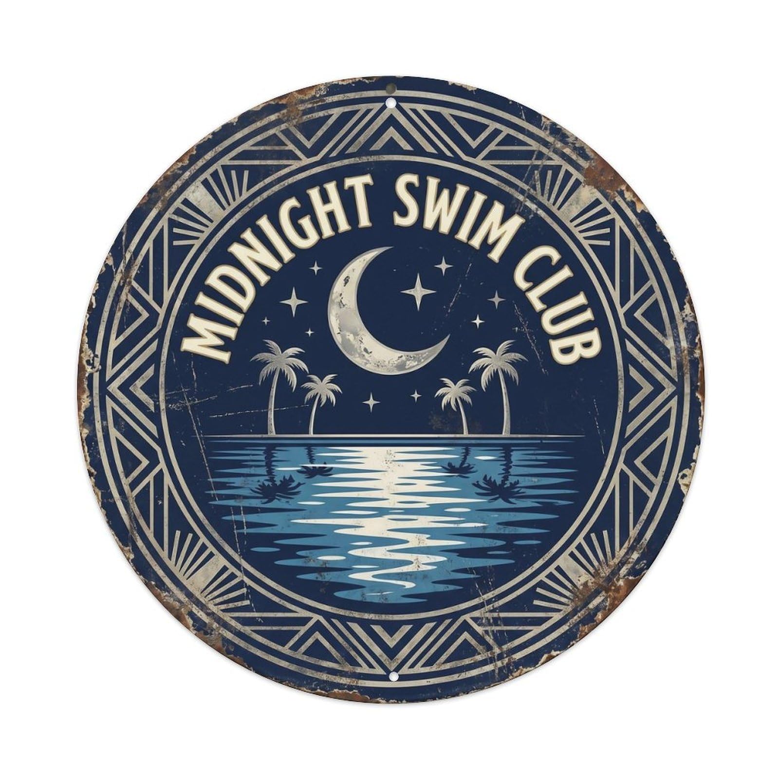 Midnight Swim Club Retro Swimming Pool Slogan Resort Metal Tin Sign Plaque Wall Decor for Cafe, Man Cave, Club Bar, Office, Home Garden Round Metal Poster 8x8Inch