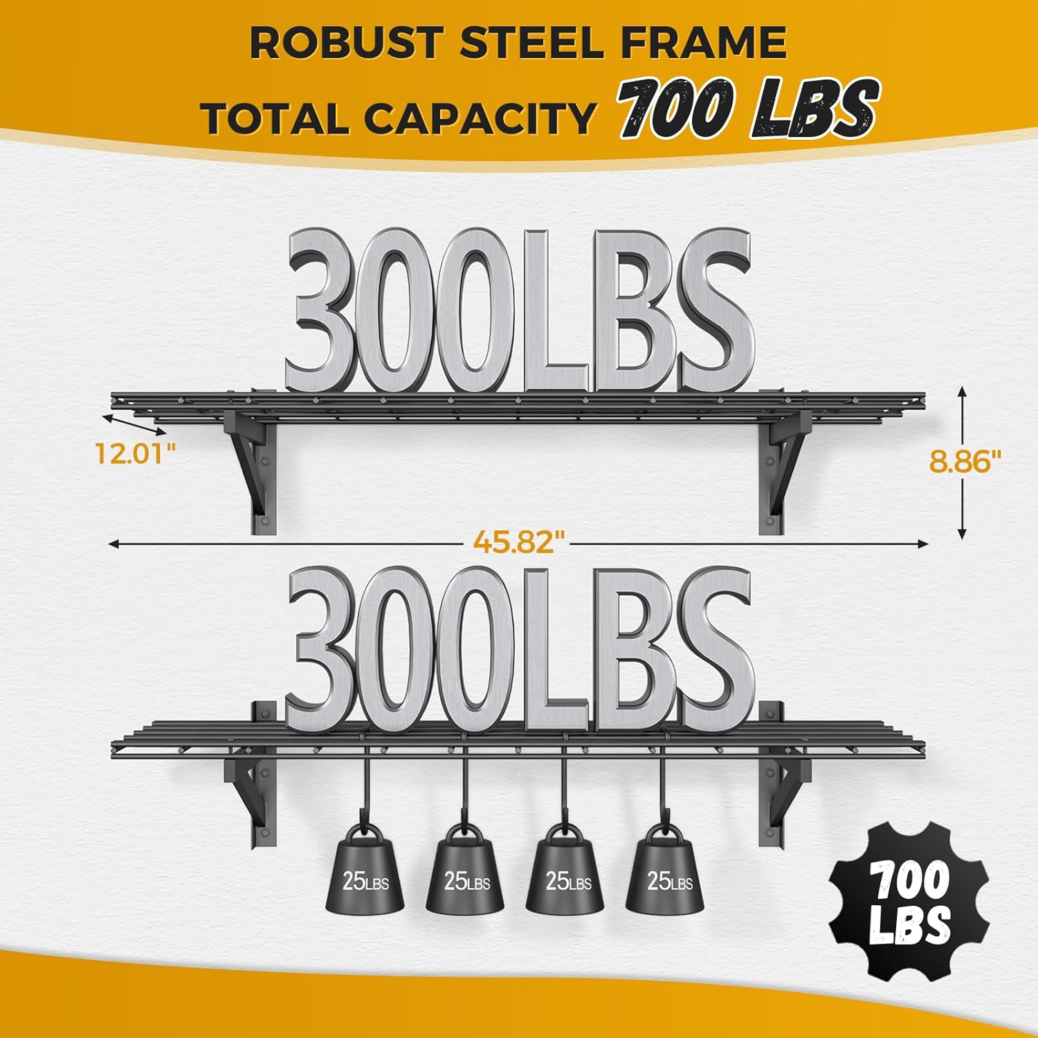 2 Pack Garage Shelving Wall Mount (1x4ft), Heavy Duty Iron Tool Organizer with 4 Hooks, 700 lbs Capacity Garage Storage Rack for Workshop, Warehouse