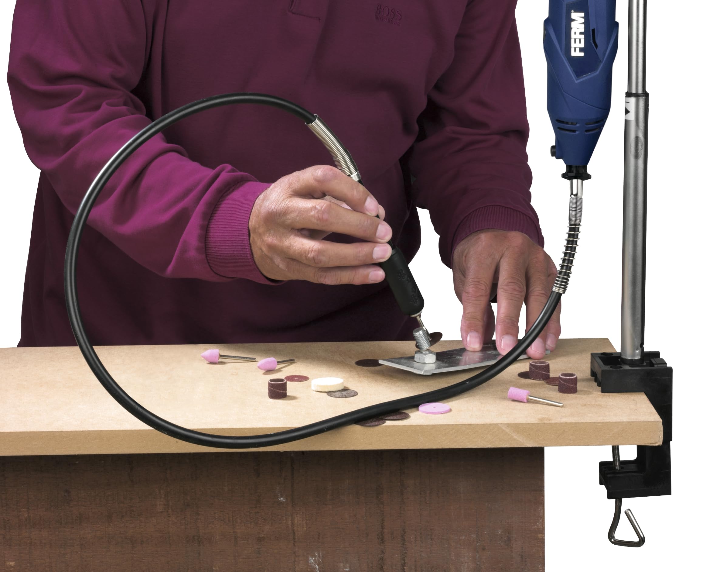 FERM Utensile multifunzione 160W con albero flessibile e supporto da tavolo – Velocità variabile – 40 accessori – In valigetta