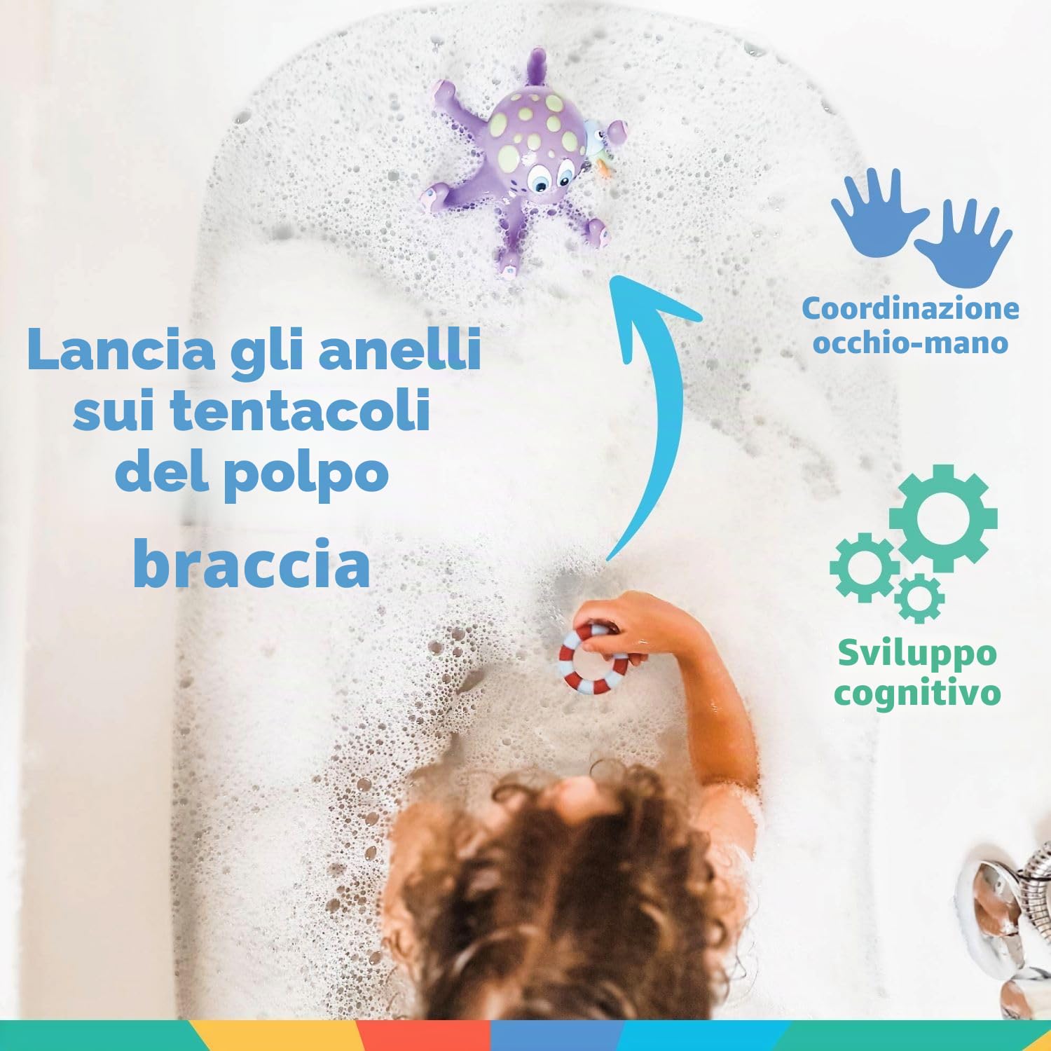 Nuby - Giocattolo da bagno per bebè - Piovra interattiva galleggiante con anelli da bagno - Giocattolo che stimola la coordinazione occhio-mano dei più piccoli - Ideale dai 18 mesi in su