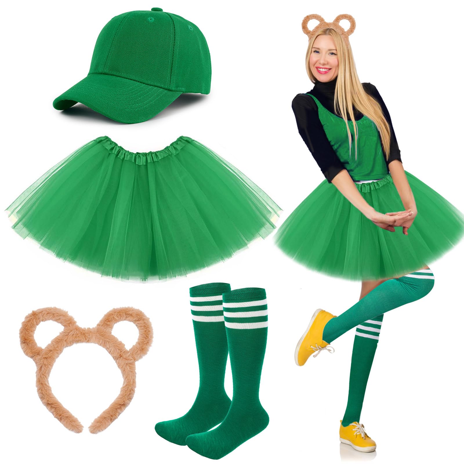 UxClishe 4 Pcs Chipmunk Costume Set, Chipmunk Fancy Dress Outfit with Tutu Skirt Headband Socks Hat Chipmunk Accessories for Women Cosplay-Green