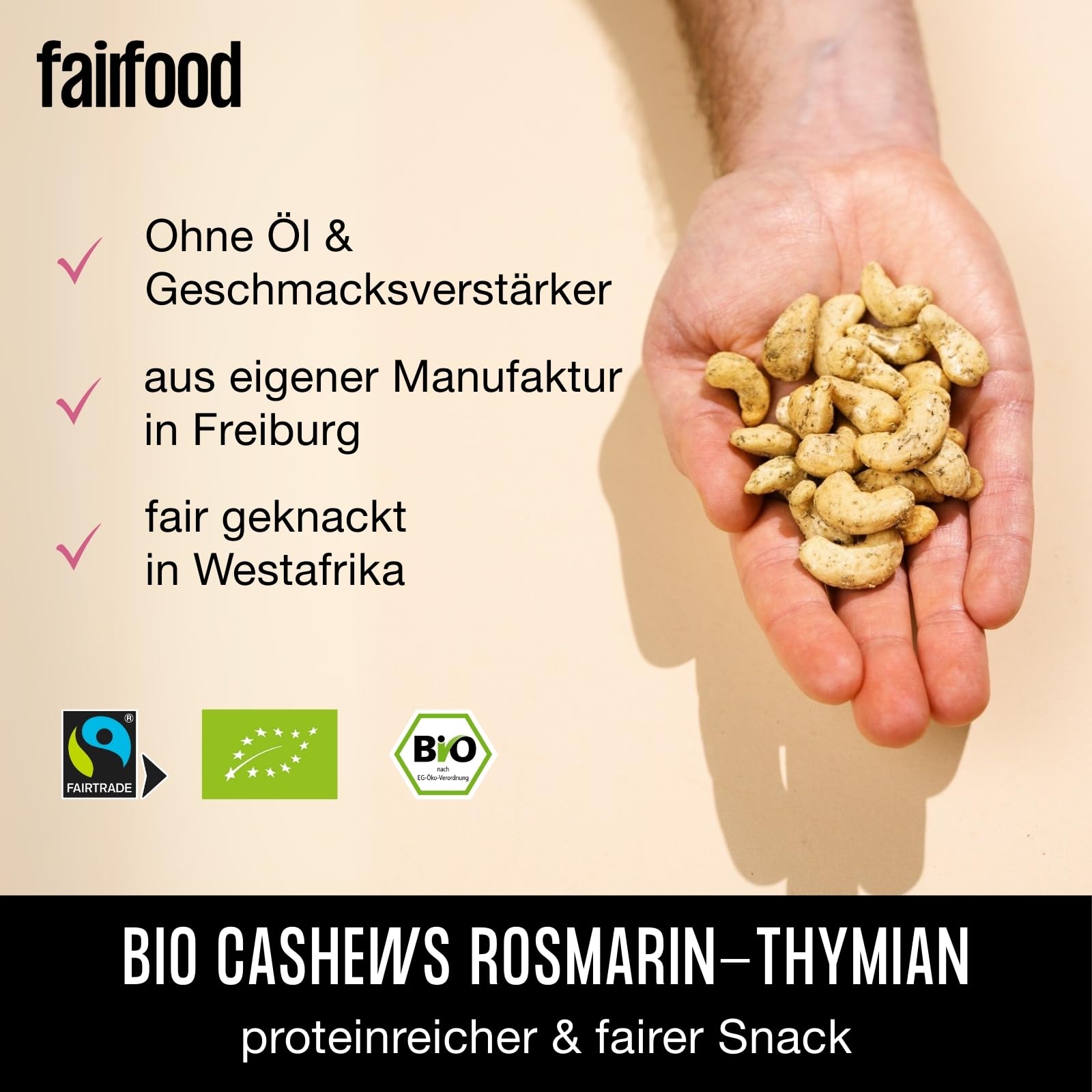 fairfood Bio Cashewkerne Rosmarin & Thymian 500g - Geröstet in Freiburger Manufaktur - fair geknackt im Anbauland - aus kontrolliert biologischer Landwirtschaft