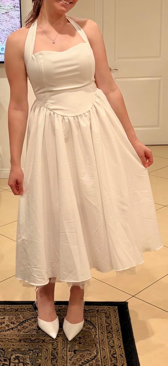 Women Summer Halter Dress Low Cut Sleeveless A Line Tulle Swing Flowy Tea Length Dress Corset Prom Formal Ball Gowns