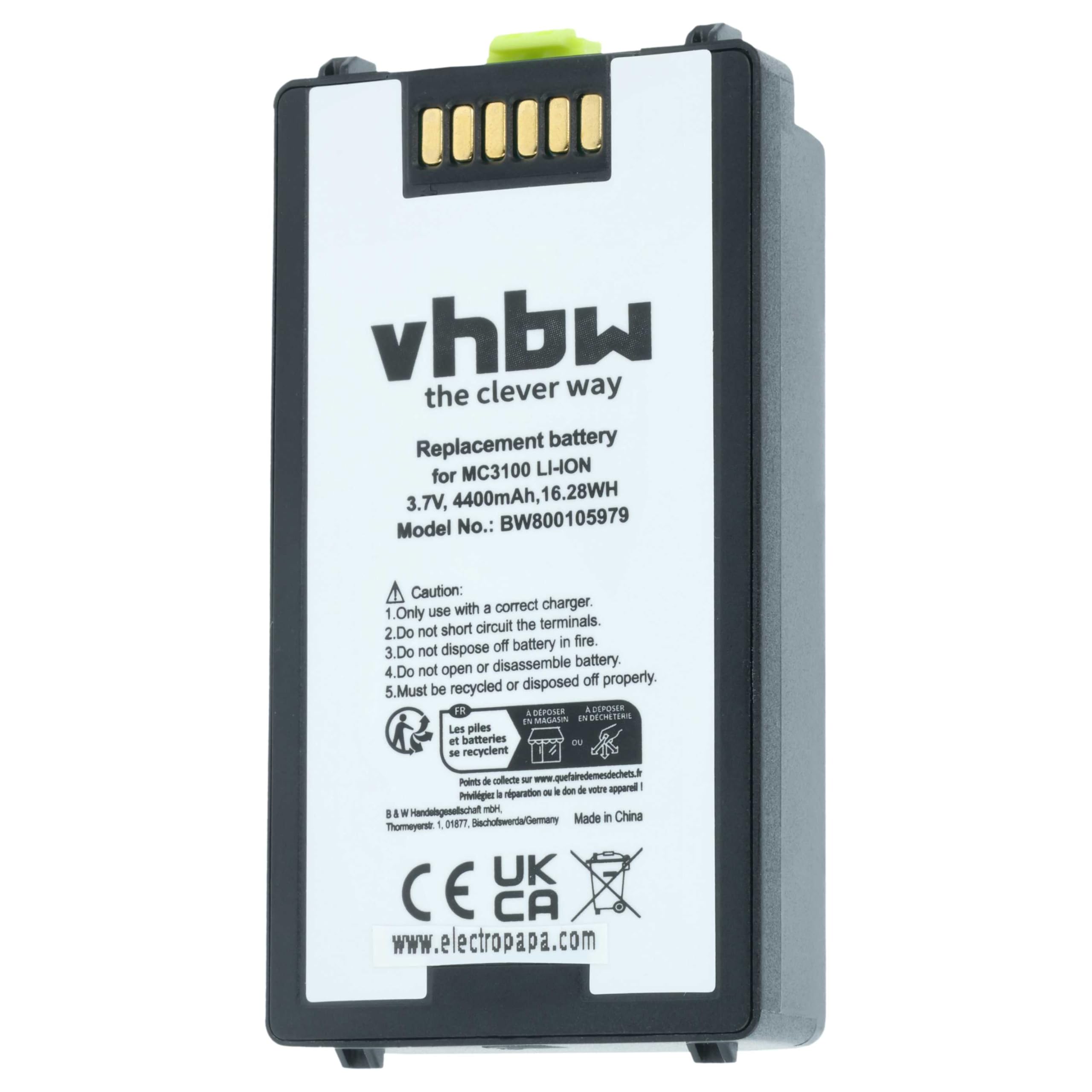 vhbw Batería Compatible con Symbol MC3190, MC3100, MC3190G, MC3190-G13H02E0, MC3190-GL4H04E0A escáner códigos de Barra, TPV (4400 mAh, 3,7 V, Li-Ion)
