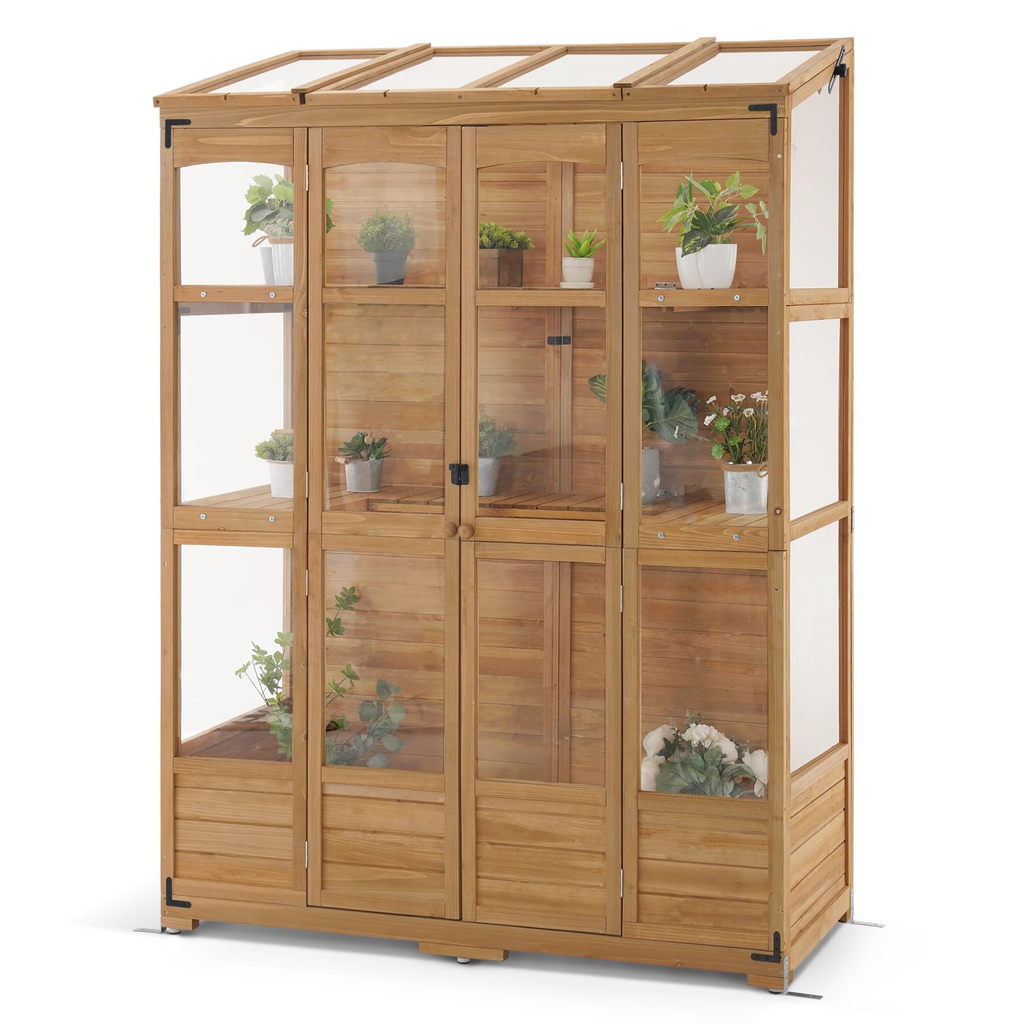 Wooden Greenhouse, Walk-in Outdoor Greenhouse with Openable Roof and Lockable Door, 0899 (Natural)
