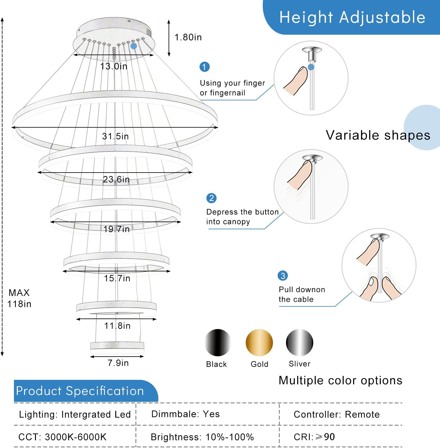 Large 6 Rings High Ceiling Chandelier with Remote, Dimmable Sliver Led Chandelier for Living Room High Ceiling,Luxury Big Contemporary Staircase Foyer Entryway Chandeliers D31.5 inch