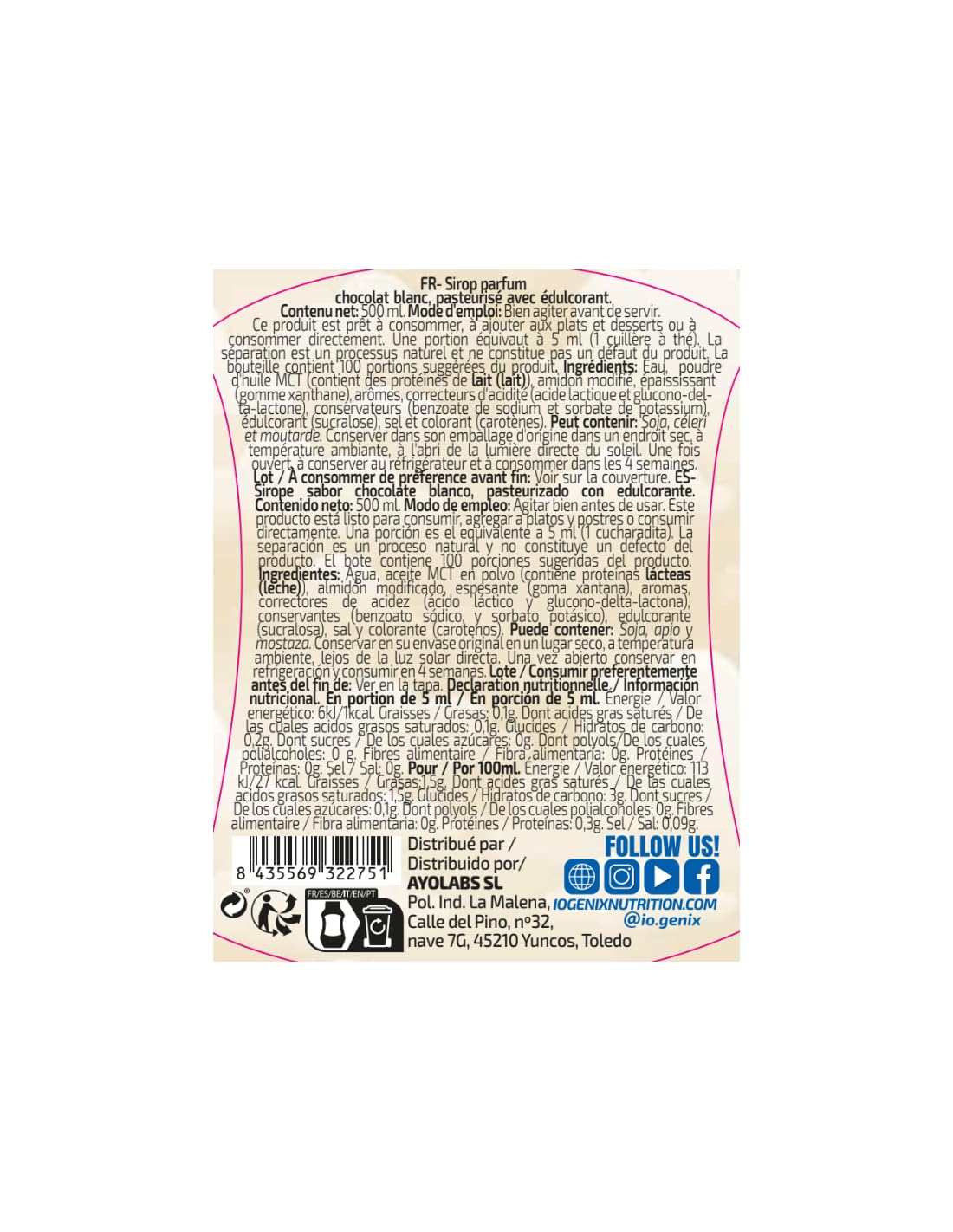 iO.GENIX - Siropes | Delisyrup | 500ml | Sin Azúcares Añadidos | Bajas en Calorías | Aptas para Dietas Veganas | Tapón Antigoteo (White Chocolate)