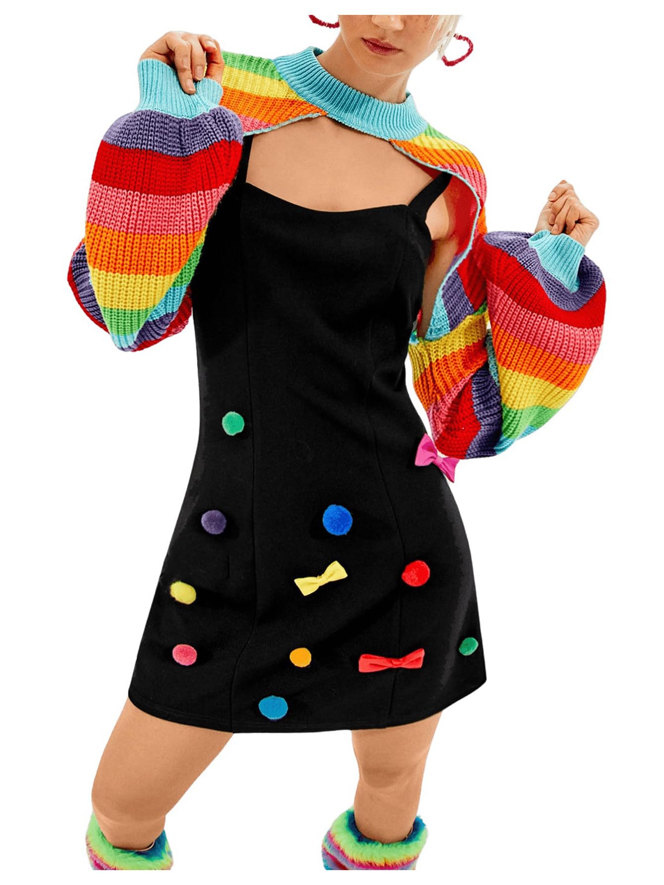 Womens Rainbow Striped Cropped Sweater Long Sleeve Y2K Knit Shrug Mock Neck Pullovers Streetwear