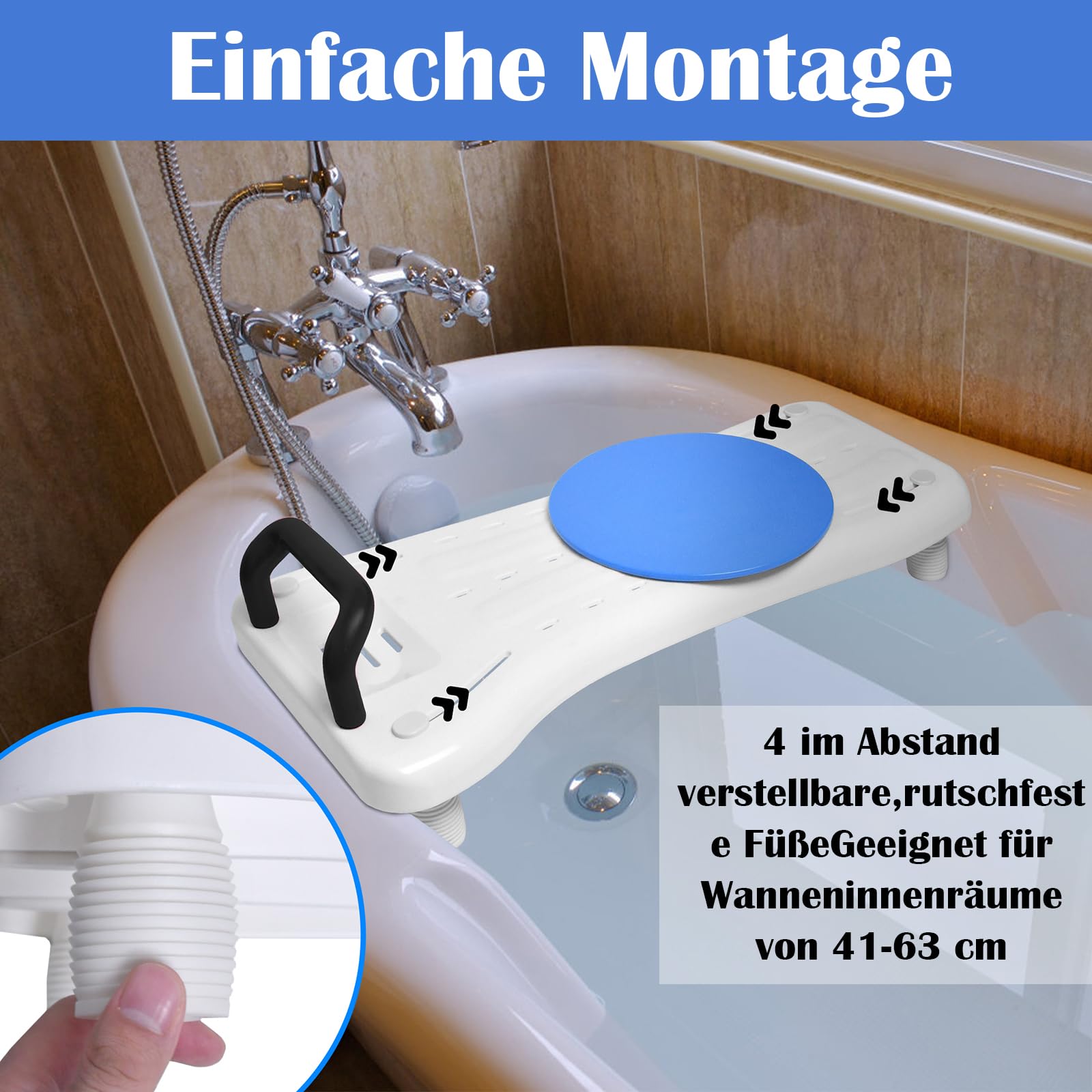 Badewannenbrett Badewannensitz Senioren mit 360º Drehscheibe und Schwarz Griff, Einstellbar Wannensitz PP-Material Sitzbrett für Badewanne mit Seifenablage für Erwachsene bis 150kg