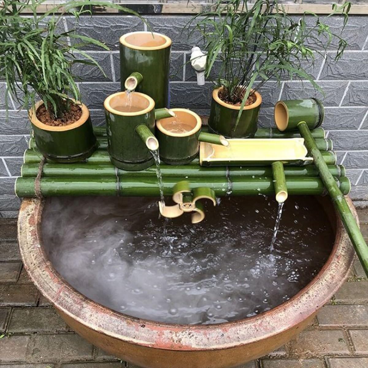 Cascata Solare per Laghetto in bambù, Fontana da Giardino Esterno con Pompa Solare, Decorazione Zen per Spazi Esterni