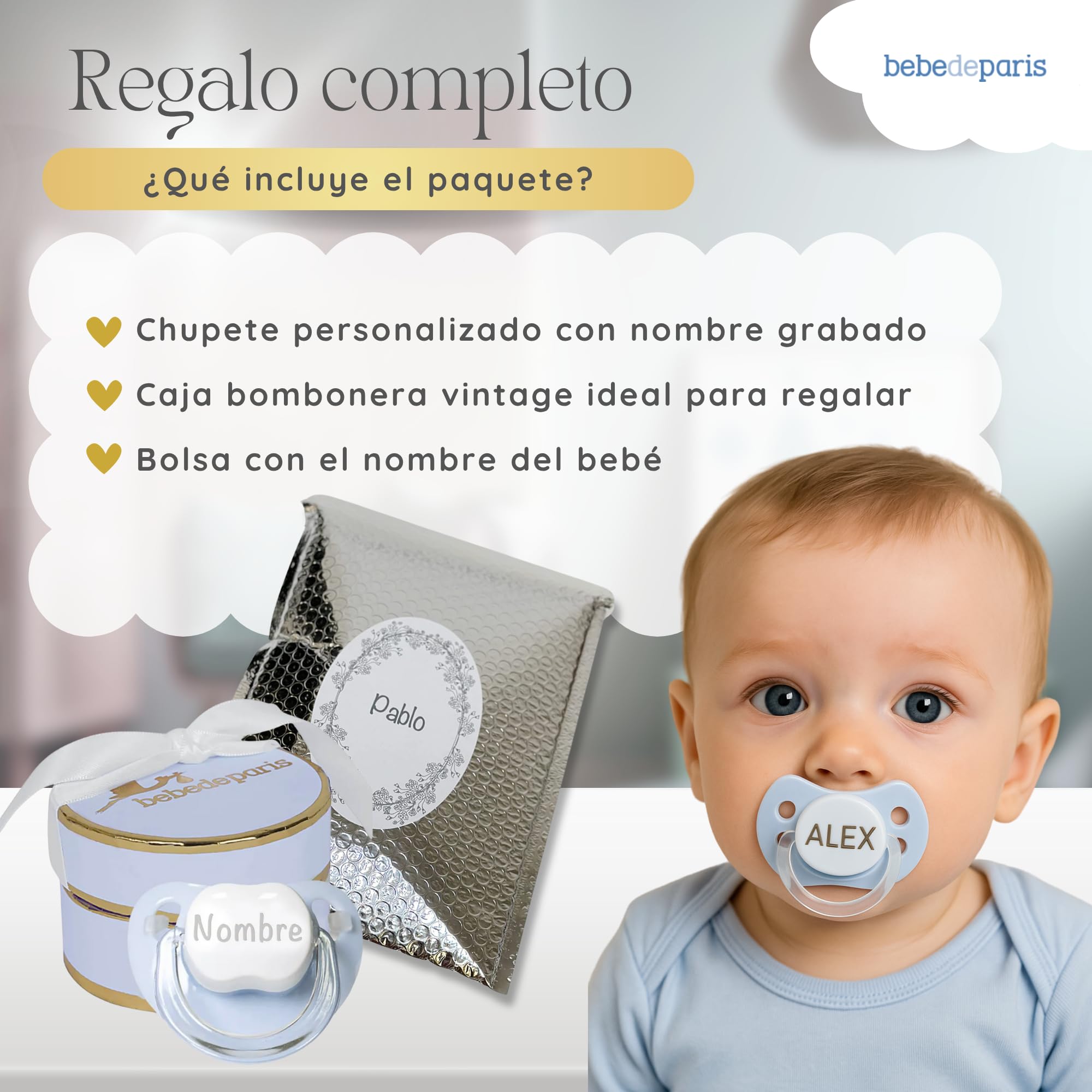 Chupete Personalizado 0 a 6 Meses con Nombre | Regalo Bebe Recien Nacido Niño | Tetina de Silicona Sin BPA | Suave Cómodo y Seguro | Presentado en Caja Regalo de Lujo (Azul) | BebeDeParis