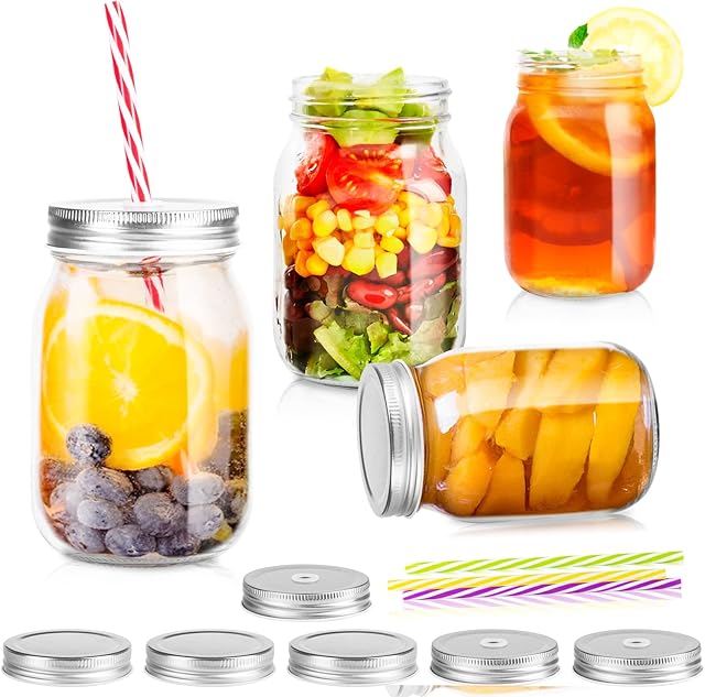 4 Pack Mason Jars with Lids, Glass Preserving Jars 500ml Pickle and Beans Canning Jars, Fresh Juice Drinking Jars with Straws, Regular Mouth Mason Jars for Food Preserving Jam, Honey Yogurt