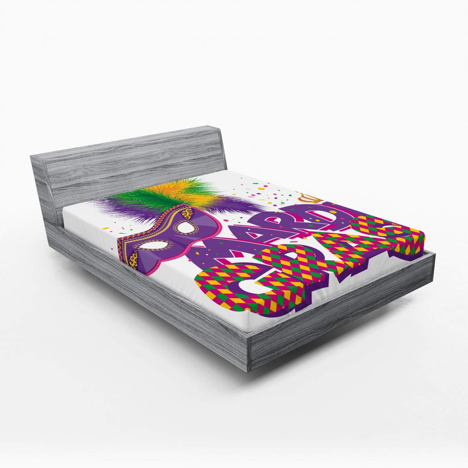 Ambesonne Mardi Gras Fitted Sheet, Traditional Holiday Theme Colorful Fluffy Feathers Crown, Bed Cover with All-Round Elastic Deep Pocket for Comfort, Queen Size, Purple Hot Pink Green
