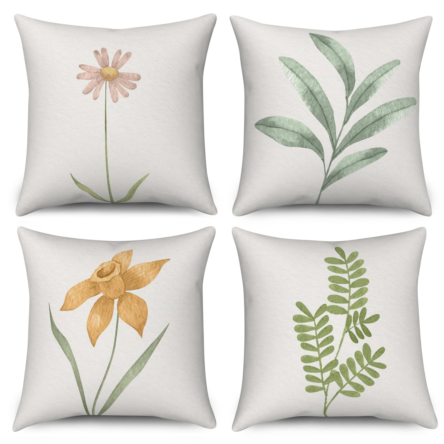 ASDCXZ Flower Pillow Cover Set 50x50 cm 4pcs, Hand Painted Rose Green Leaves Sofa Deco, Washable Polyester Flax Textile Outdoor Upholstery — image 1