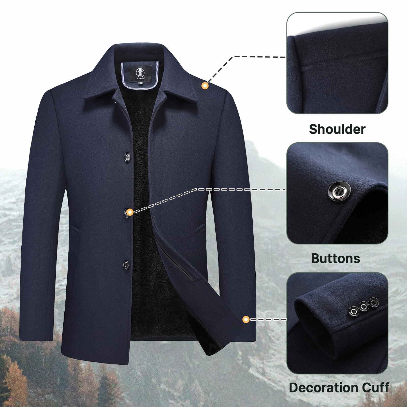 KUDORO Manteau Homme en Laine Chaud pour Hiver Trench Coat Classique Caban Parka Pardessus Slim Fit Business Duffle-Coats Coup-Vent Revers Overcoat