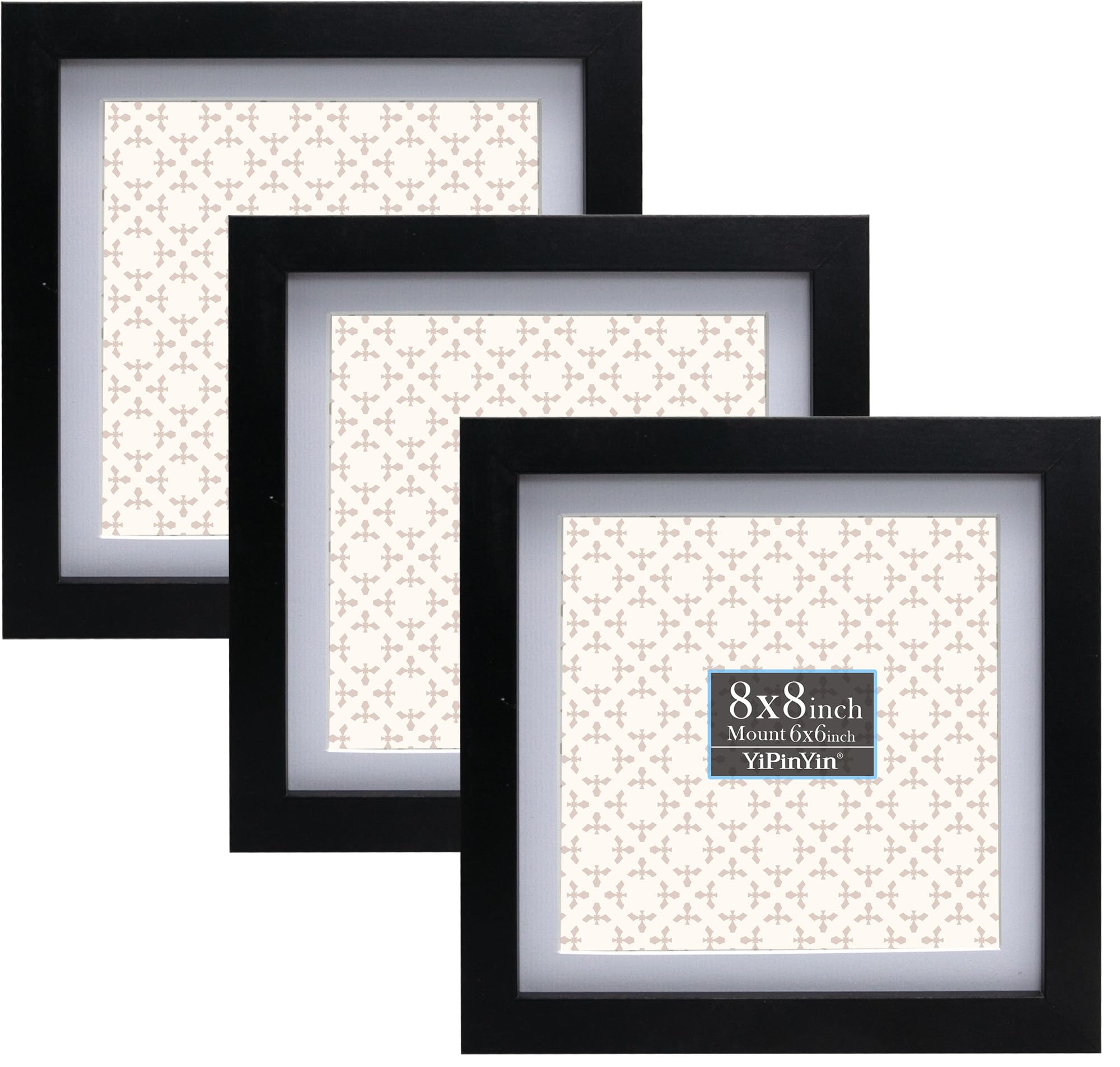 Black 8x8'' Picture Frame Set of 3,with Acid-Free Mount for 6x6'' Photos,Featuring a Premium Acrylic Window,for Tabletop Display or Wall Mounting,An Ideal Choice for Christmas and Wedding Decor