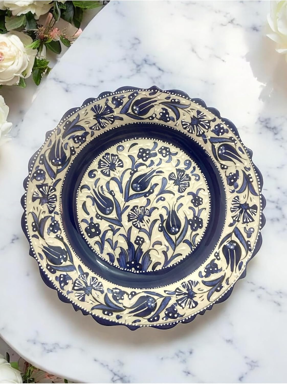 SODEF Decorative Plate 30 cm Handmade Kütahya Ceramic, Traditional & Modern Design, Navy Blue Display Plate, Turkish Home Decor - Navy Blue