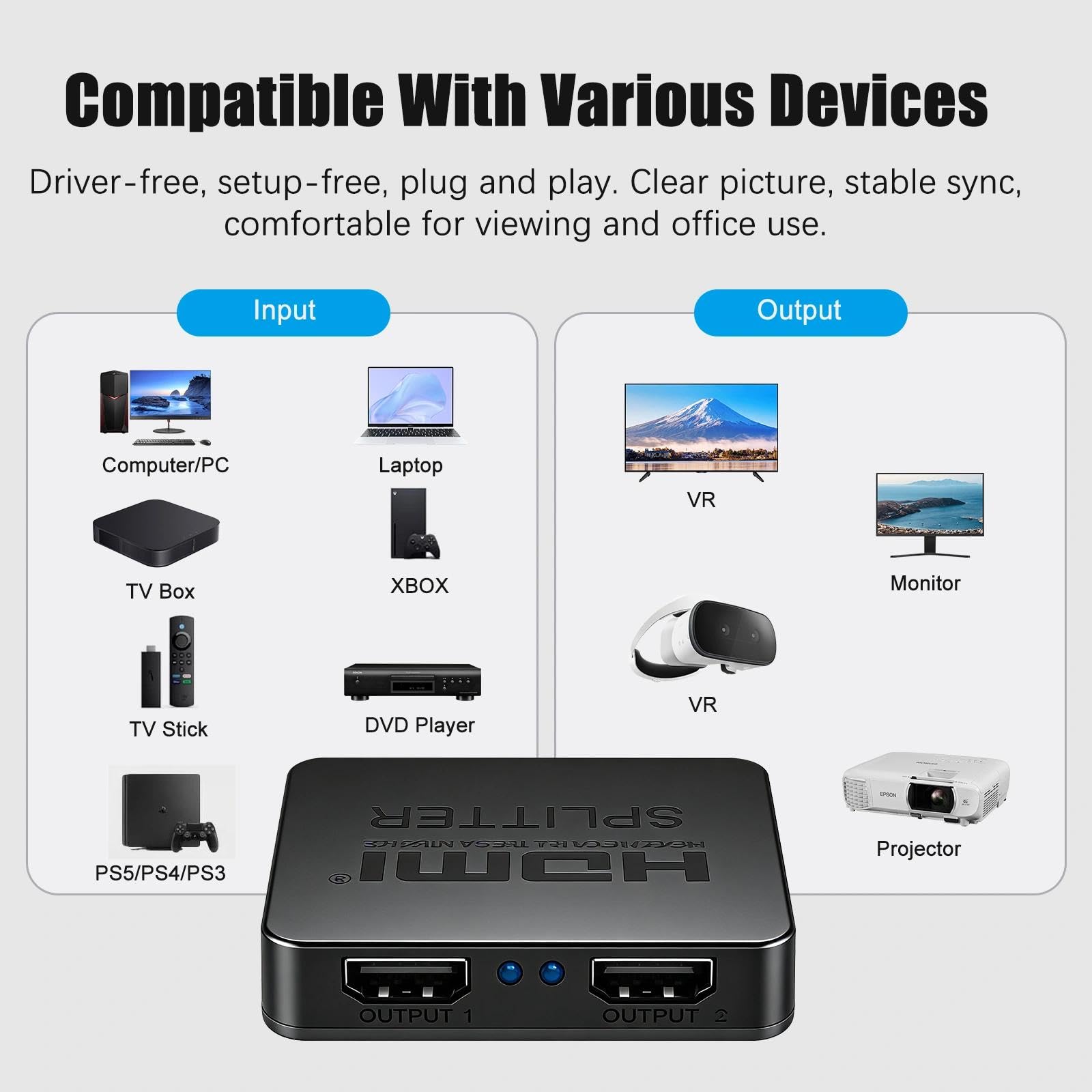 Splitter HDMI 1 in 2 out 4K per 2 monitor, distributore HDMI Full HD per HDTV, Xbox, PS4