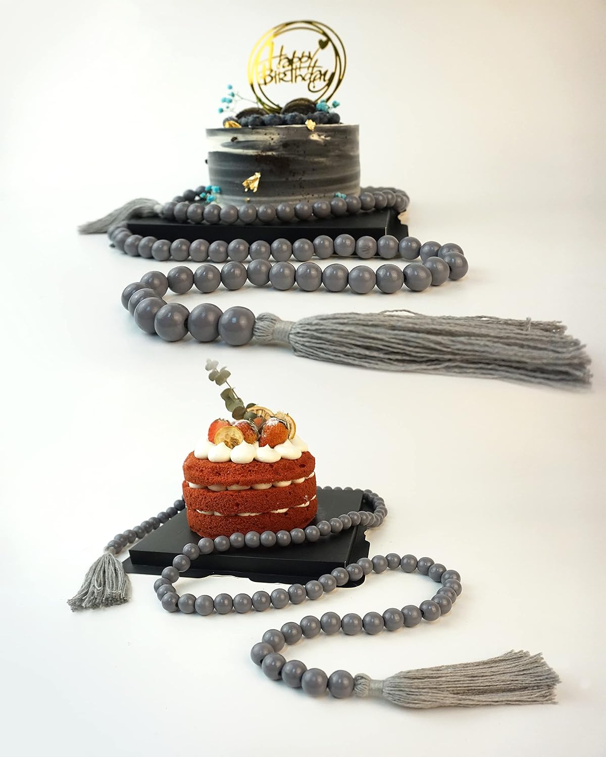 Wooden Beads Garland with Tassels, 61 Inch Grey Wood Bead Garland, Modern Farmhouse Decor, Boho Home Decor Clearance