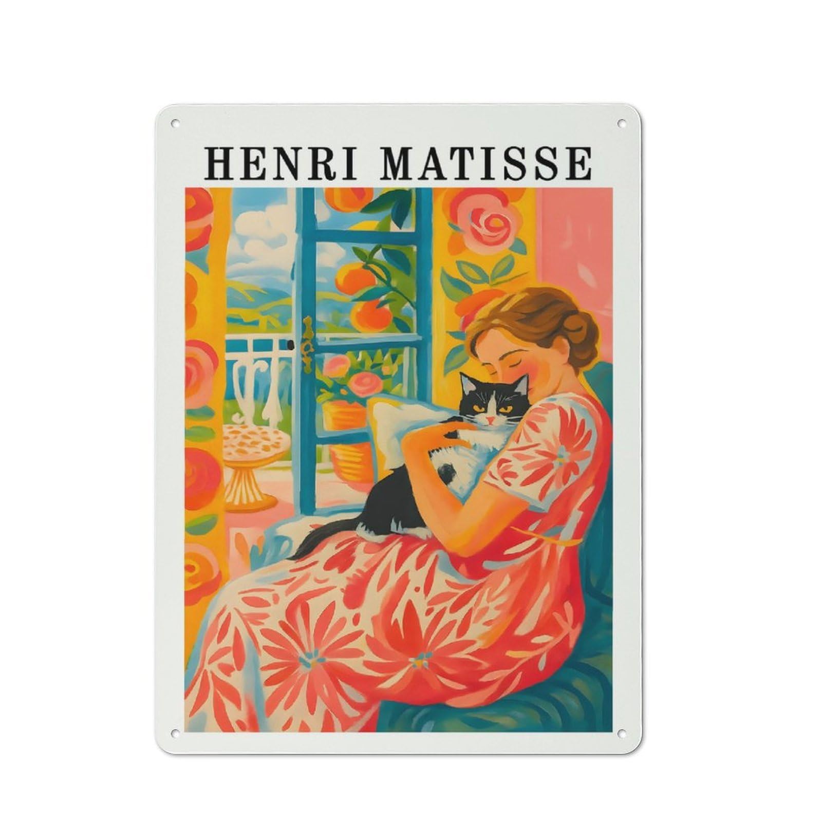 Junmoney Style-16 Smart Henri Matisse Style Woman With Cat Office Metal Sign 40X30cm, Creative Space Decor For Home Office, Reading Corner Or Bedroom