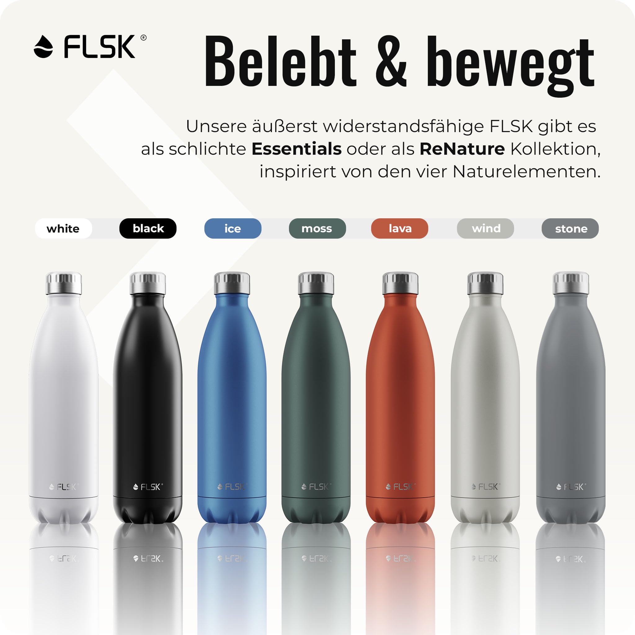 FLSK Botella de acero inoxidable Next Gen Essentials (500 ml, 750 ml, 1000 ml) – resistente, resistente al carbón y apta para lavavajillas, incluye embalaje sin árboles