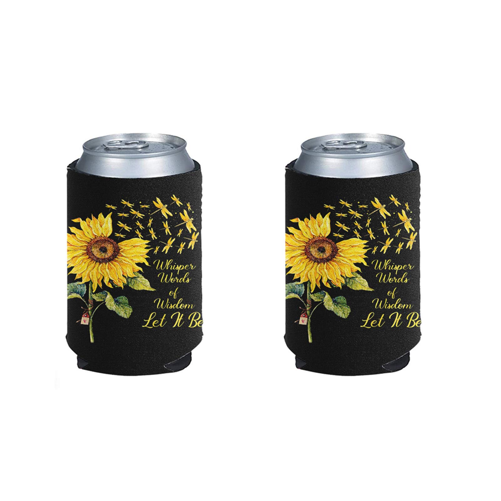 Poceacles Sunflower Dragonfly Print 2 PCS Neoprene Slim Beer Can Cooler Sleeves, Can Beverage Coolers for 12 oz or 16 oz Energy Drink Ice Water, Black