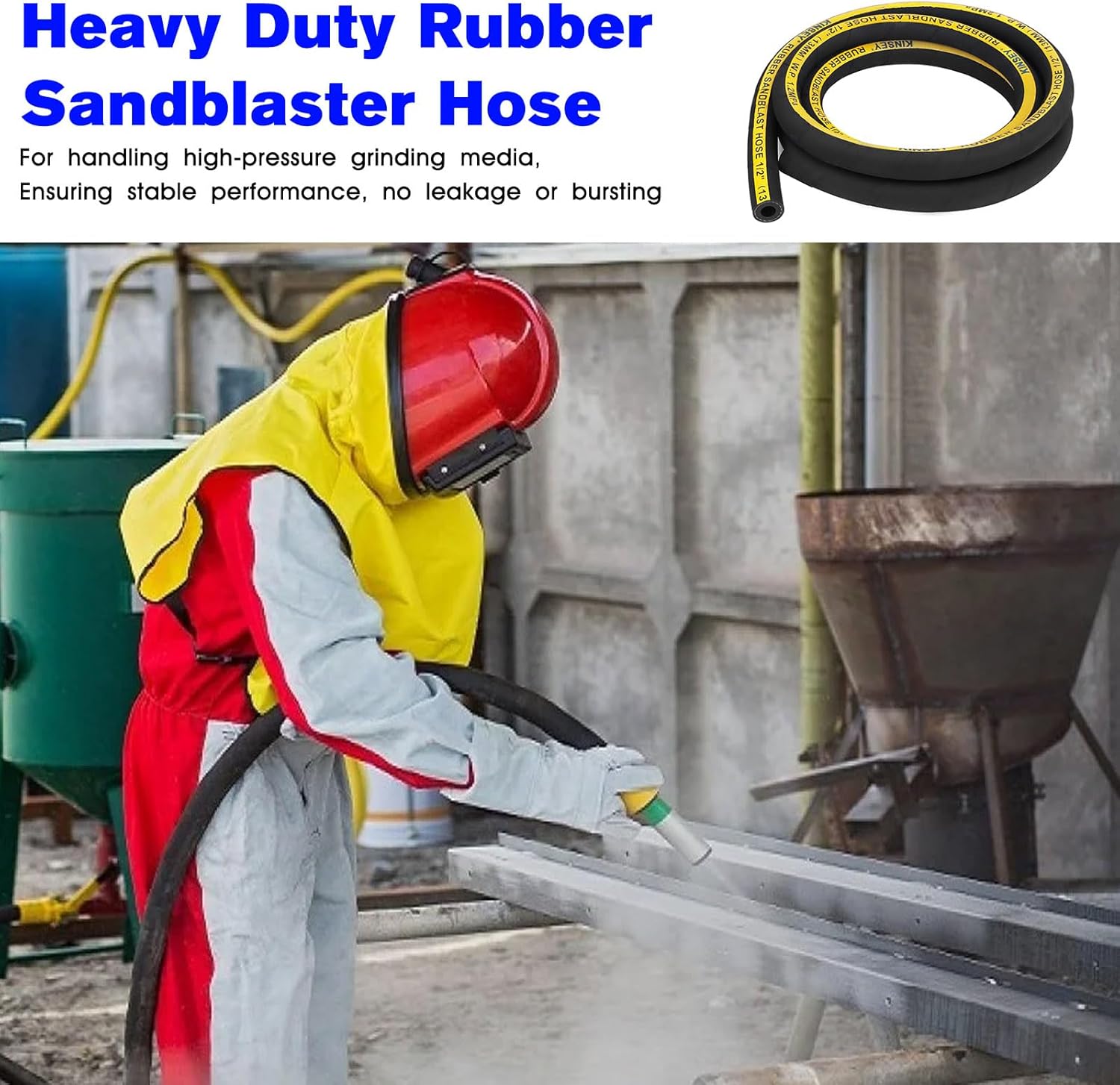 Sandblast Hose 1/2" ID, 1" OD, 10 Ft Long Heavy Duty Rubber Sandblaster Hose Sandblasting Gun Sandblaster Cabinet Pressure Washer Sandblasting