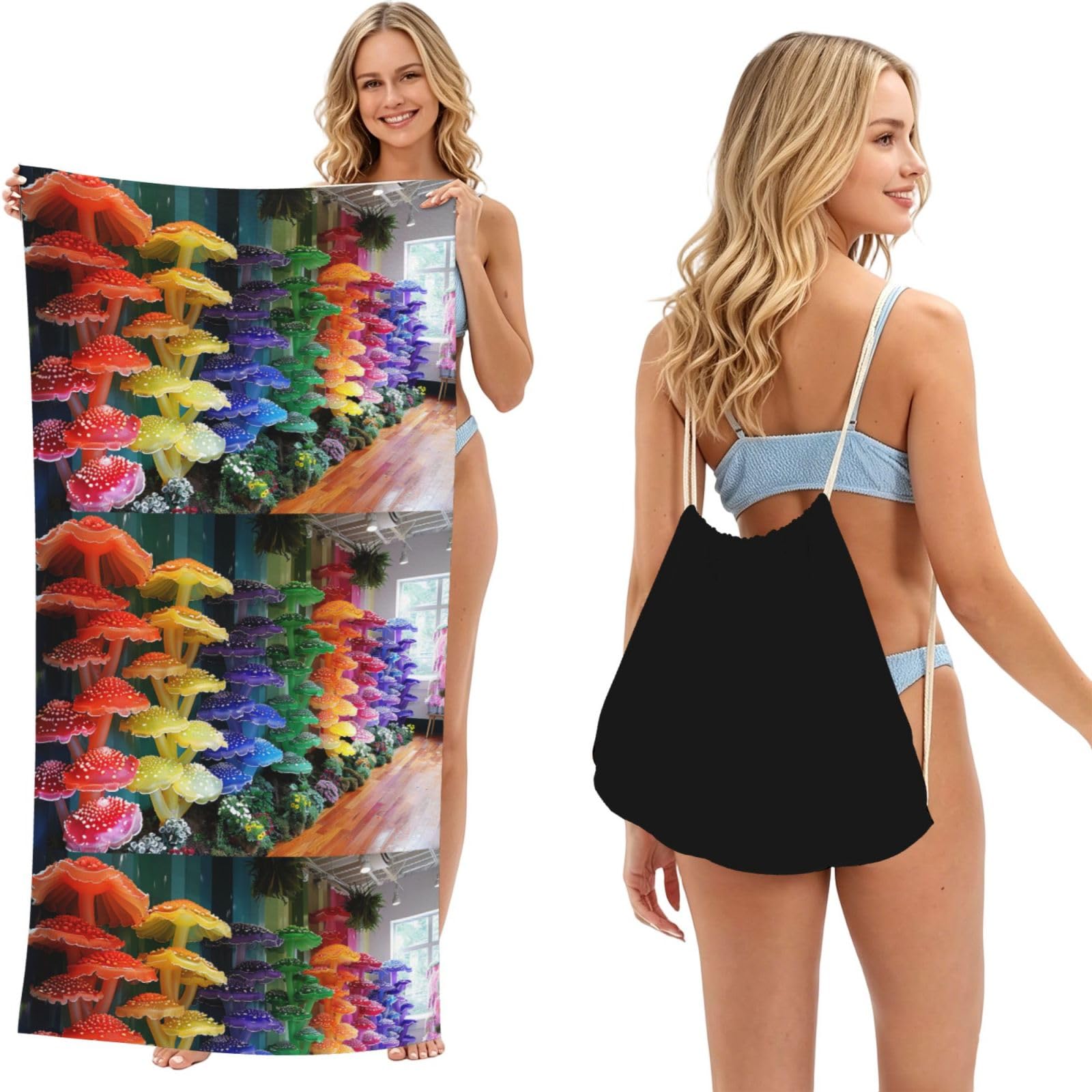 SKGOHLH Rainbow Coral 2in1 Packable Beach Towel Bag Women