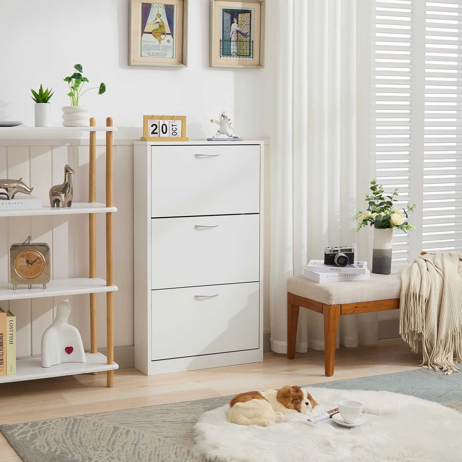 GRAVFORCE Schuhschrank Schmal mit 3 Klappen Schuhkipper 58Bx17Tx105H (Weiß) | Flip Down Schuhregal Holz Flurschrank platzsparend für Eingangsbereich, Wohnung, shoe cabinet ideal für schmale Flure