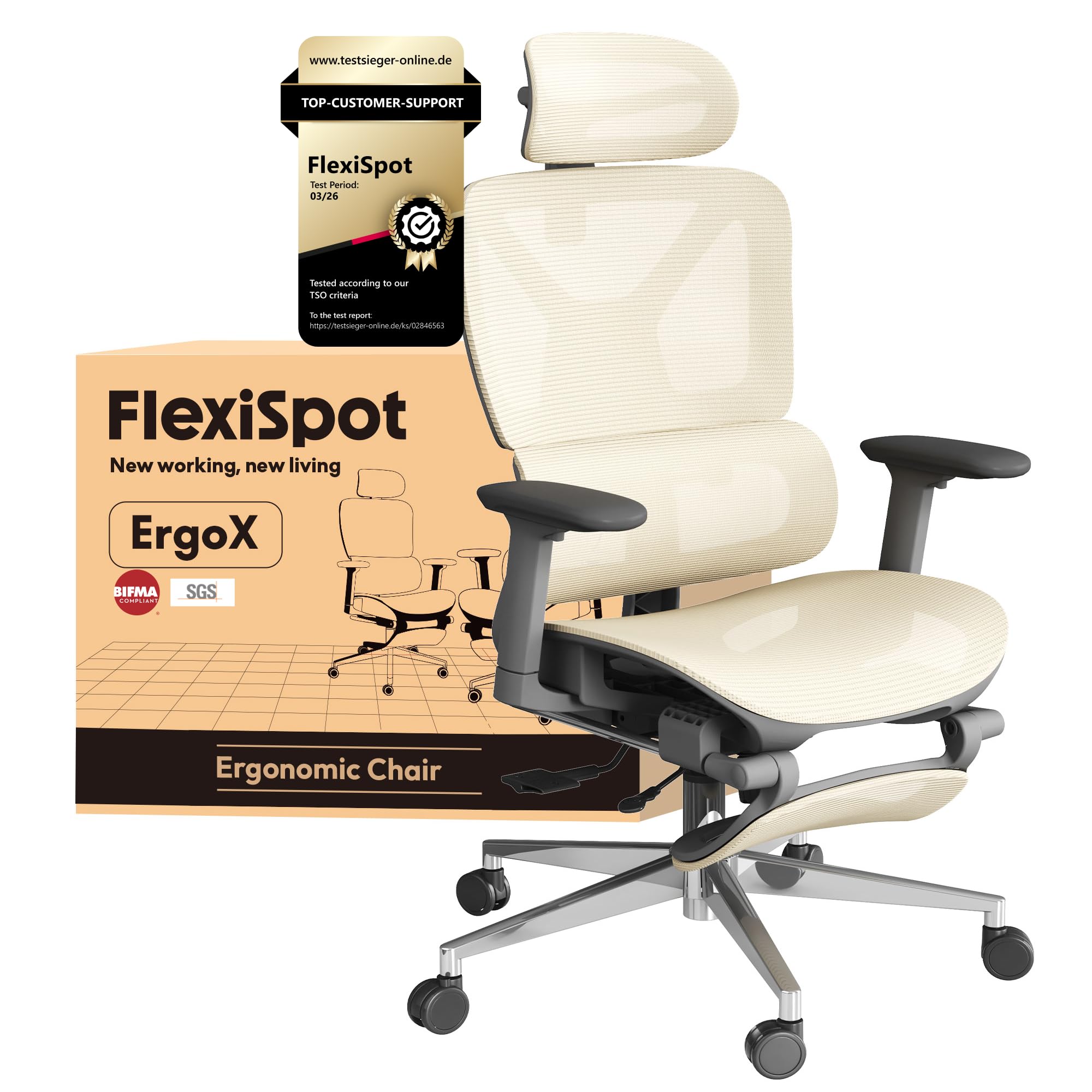 FLEXISPOT ErgoX Ergonomic Office Chair with Footrest for Home Office, Desk Chair with 3D Armrests, 3D Headrest, 5D Adjustable Backrest, Breathable Seat, Maximum Load 136 kg,Mesh Office Chair,Beige