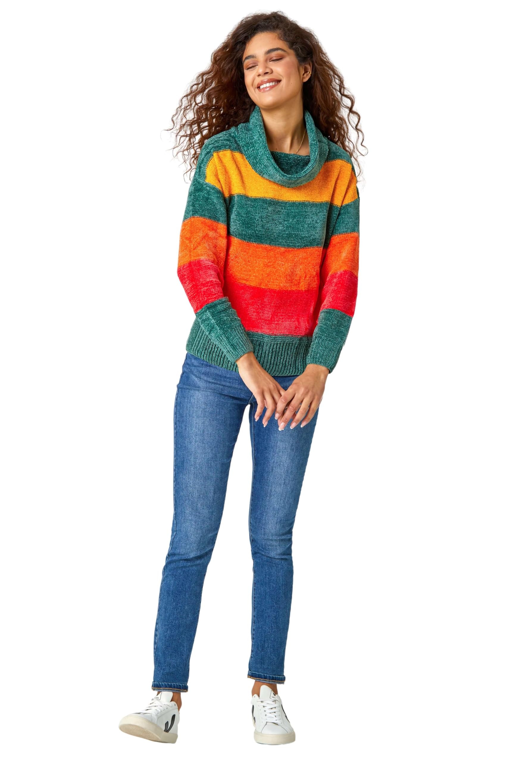 Roman Originals Women's Green Roman Chenille Striped Cowl Neck Jumper For Uk - Autumn Everyday Winter Holiday Long Sleeve Soft Ribbed Hemline Comfy Colourblock Daywear Sweaters - Size 14