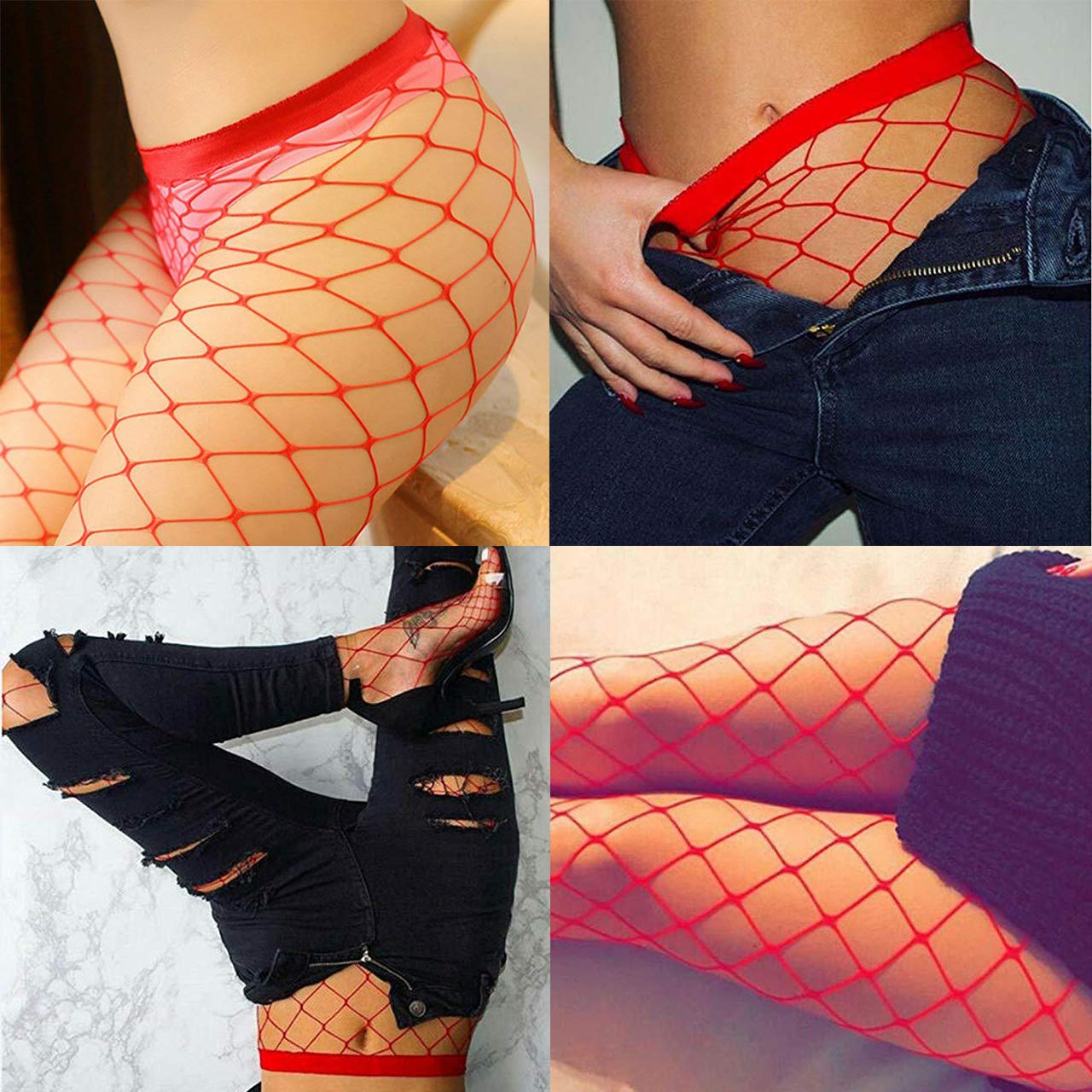 Image secondaire de ANDIBEIQI 4 Paires Collants en Résille Bas de Résille Nets pour Femme Collant Résille Maille Large Maille Moyenne pour Femmes Ci