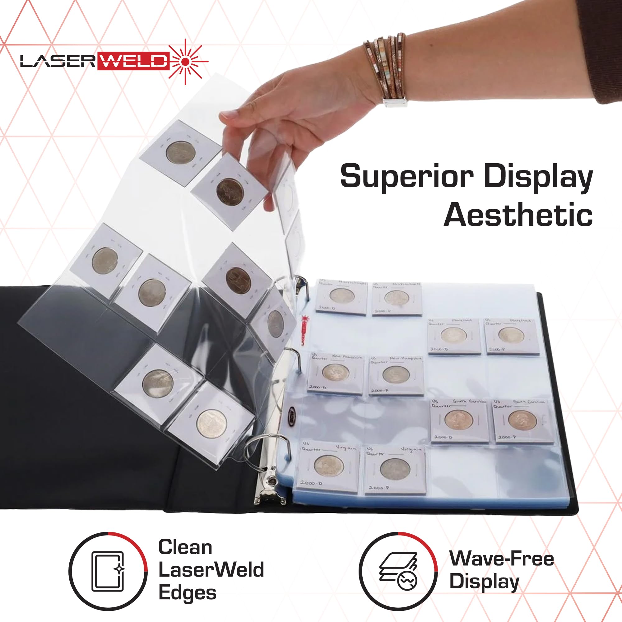 BCW LaserWeld - Pagine per monete con 20 tasche, 100 pezzi, pagine per raccoglitori a 3 anelli senza acidi, per monete, carte e diapositive, cuciture piatte saldate al laser