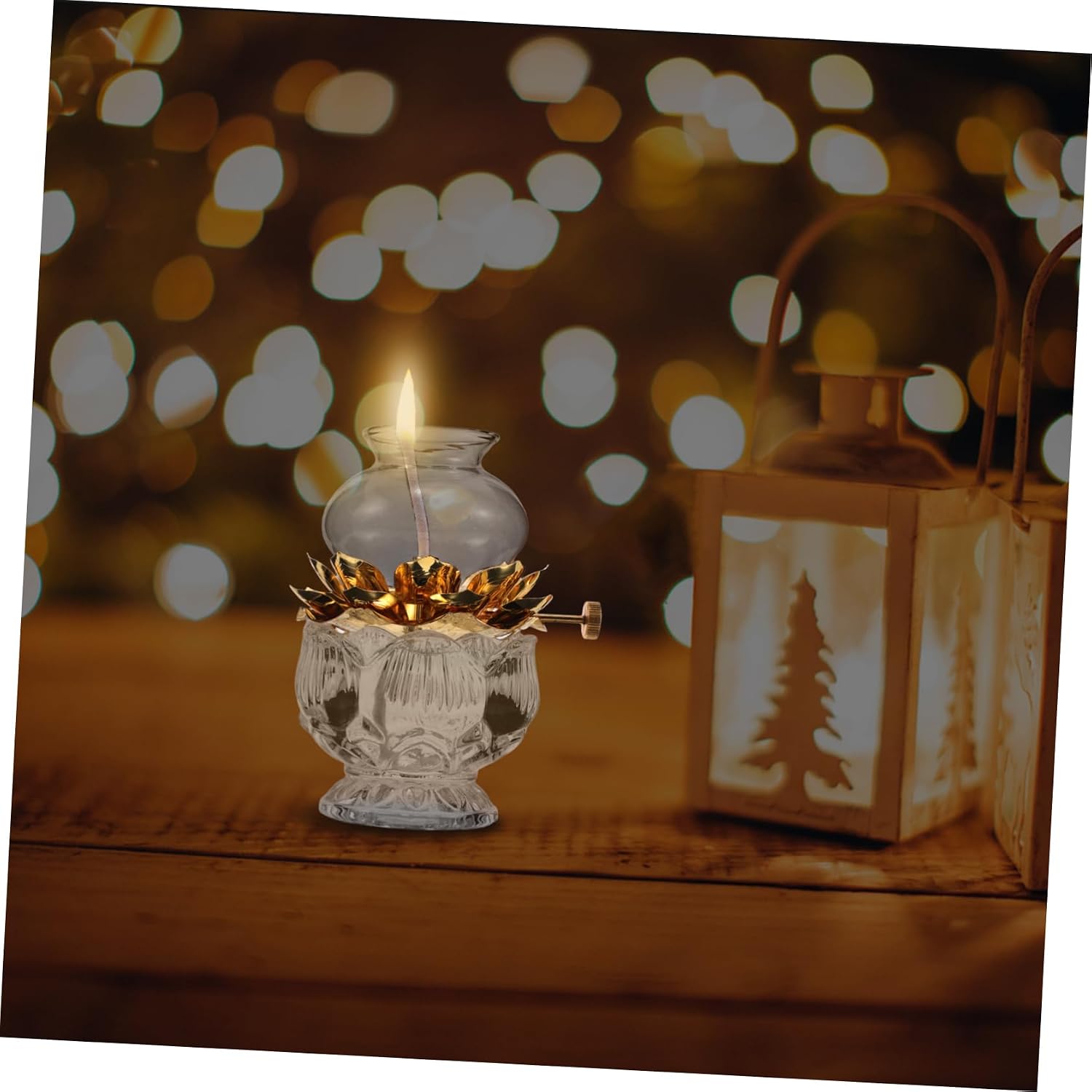 Unomor Windproof Clear Glass Kerosene Oil Lamp with Adjustable Wick Vintage Lotus Flower Design Small Indoor Lantern for Tabletop Decor Multipurpose Use for Home and Camping