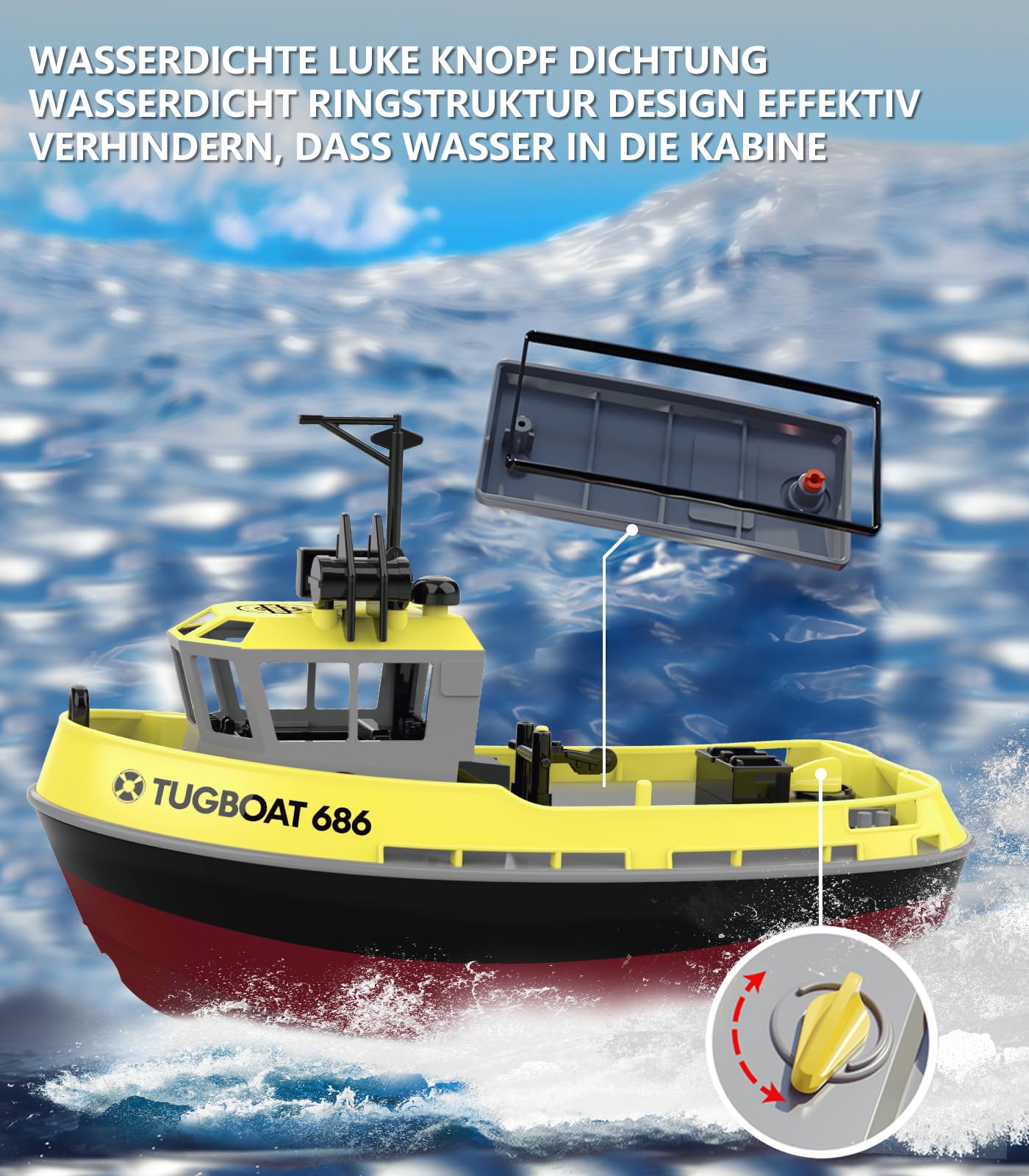 fisca Barco de control remoto - 1/72 Barco RC de alta velocidad para piscinas y lagos, remolcador RC con 40 minutos de tiempo de juego y recordatorio de batería para niños y adultos (Amarillo)