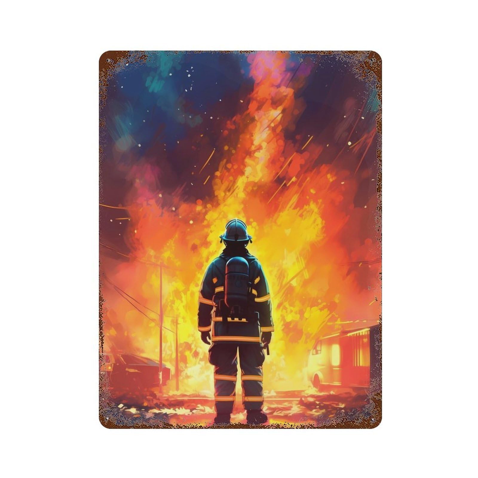 Decorative Tin Sign with Firefighter Flame Design 15.7"x11.8", for Basement, Hobby Room And Garage Decor, Rustic Home Decor