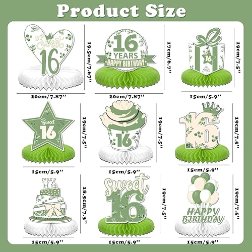 Miniatura 2 de 9 piezas de decoración de fiesta de dulces 16 centros de mesa de panal para niñas, color verde salvia, centros de mesa de feliz cumpleaños de 16