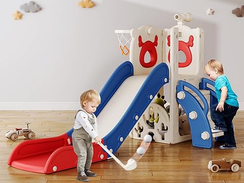 Tobogán para niños pequeños, 7 en 1, juego mejorado con juego de golf para niños, aro de baloncesto y espacio de almacenamiento para niños pequeños